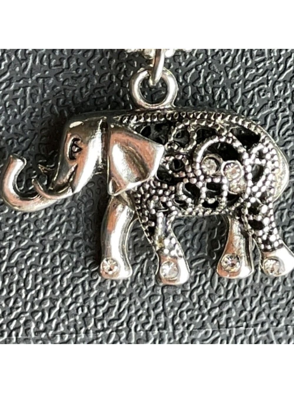 Silvertone Elephant Pendant Necklace Rhinestone - Picture 5 of 14